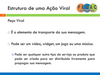 Estrutura de uma Ação Viral
10
Peça Viral
 É o elemento de transporte da sua mensagem.
 Pode ser um vídeo, widget, um jogo ou uma música.
 Pode ser qualquer outro tipo de serviço ou produto que
pode ser criado para ser distribuído livremente para
propagar sua mensagem.
 