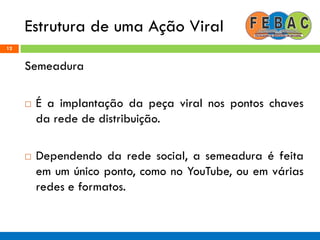 Estrutura de uma Ação Viral
12
Semeadura
 É a implantação da peça viral nos pontos chaves
da rede de distribuição.
 Dependendo da rede social, a semeadura é feita
em um único ponto, como no YouTube, ou em várias
redes e formatos.
 