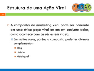 Estrutura de uma Ação Viral
13
 A campanha de marketing viral pode ser baseada
em uma única peça viral ou em um conjunto delas,
como acontece com as séries em vídeo.
 Em muitos casos, porém, a campanha pode ter diversos
complementos:
 Blog
 Hotsite
 Making of
 