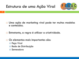 Estrutura de uma Ação Viral
9
 Uma ação de marketing viral pode ter muitos modelos
e conteúdos.
 Entretanto, a regra é utilizar a criatividade.
 Os elementos mais importantes são:
 Peça Viral
 Rede de Distribuição
 Semeadura
 
