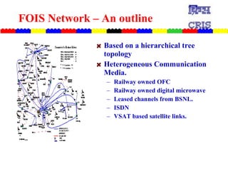 FOIS Network – An outline Based on a hierarchical tree topology Heterogeneous Communication Media. Railway owned OFC Railway owned digital microwave Leased channels from BSNL. ISDN VSAT based satellite links. 