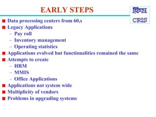 EARLY STEPS Data processing centers from 60,s Legacy Applications Pay roll Inventory management Operating statistics Applications evolved but functionalities remained the same Attempts to create HRM MMIS Office Applications Applications not system wide Multiplicity of vendors Problems in upgrading systems 