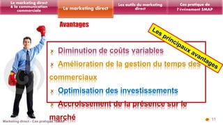 11 
Les outils du marketing 
Le marketing direct direct 
Le marketing direct 
& la communication 
commerciale 
Cas pratique de 
l’événement SMAP 
Diminution de coûts variables 
Amélioration de la gestion du temps des 
commerciaux 
Optimisation des investissements 
Accroissement de la présence sur le 
marché 
 