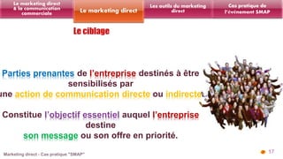 17 
Les outils du marketing 
Le marketing direct direct 
Le marketing direct 
& la communication 
commerciale 
Cas pratique de 
l’événement SMAP 
Parties prenantes de l’entreprise destinés à être 
sensibilisés par 
une action de communication directe ou indirecte. 
Constitue l’objectif essentiel auquel l’entreprise 
destine 
son message ou son offre en priorité. 
 