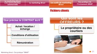 21 
Les outils du marketing 
direct 
Le marketing direct 
Le marketing direct 
& la communication 
commerciale 
Cas pratique de 
l’événement SMAP 
Qui sont les 
OFFREURS ? 
Le propriétaire ou des 
courtiers 
Que précise le CONTRAT écrit ? 
Achat / location / 
échange 
Conditions d'utilisation 
Rémunération 
 
