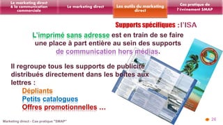 L’imprimé sans adresse est en train de se faire 
une place à part entière au sein des supports 
de communication hors médias. 
26 
Les outils du marketing 
direct 
Le marketing direct 
Le marketing direct 
& la communication 
commerciale 
Cas pratique de 
l’événement SMAP 
Il regroupe tous les supports de publicité 
distribués directement dans les boîtes aux 
lettres : 
Dépliants 
Petits catalogues 
Offres promotionnelles … 
 