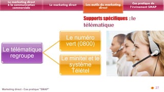 27 
Les outils du marketing 
direct 
Le marketing direct 
Le marketing direct 
& la communication 
commerciale 
Cas pratique de 
l’événement SMAP 
Le télématique 
regroupe 
Le numéro 
vert (0800) 
Le minitel et le 
système 
Télétel 
 