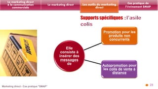 28 
Les outils du marketing 
direct 
Le marketing direct 
Le marketing direct 
& la communication 
commerciale 
Cas pratique de 
l’événement SMAP 
Elle 
consiste à 
insérer des 
messages 
de 
Promotion pour les 
produits non 
concurrents 
Autopromotion pour 
les colis de vente à 
distance 
 