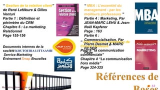 Documents internes de la 
société KOUTOUBIA LITTAAMIR 
Service Marketing 
Événement Smap Bruxelles 
“ MBA : L’essentiel du 
management - par les 
meilleurs professeurs ” 
Partie 4 : Marketing, Par 
JEAN-MARC LEHU & Jean- 
Noël Kapferer 
Page : 163 
Partie 6 : 
Commercialisation, Par 
Pierre Desmet & MARC 
FILSER 
Page 
“ Aide mémoire marketing de 
Claude Demeure” 
Parti 9 “la communication 
commerciale” 
Chapitre 4 “La communication 
hors média” 
Page 324-325 
“ Gestion de la relation client” 
de René Lefébure & Gilles 
Venturi 
Partie 1 : Définition et 
périmètre du CRM 
Chapitre 5 : Le marketing 
Relationnel 
Page 155-156 
44 
