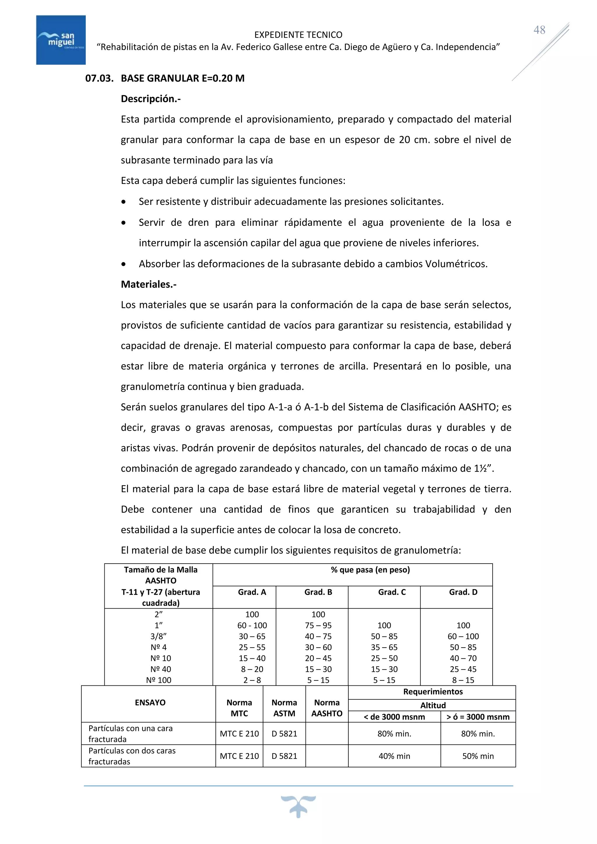 EXPEDIENTE TECNICO
“Rehabilitación de pistas en la Av. Federico Gallese entre Ca. Diego de Agüero y Ca. Independencia”
48
07.03. BASE GRANULAR E=0.20 M
Descripción.-
Esta partida comprende el aprovisionamiento, preparado y compactado del material
granular para conformar la capa de base en un espesor de 20 cm. sobre el nivel de
subrasante terminado para las vía
Esta capa deberá cumplir las siguientes funciones:
 Ser resistente y distribuir adecuadamente las presiones solicitantes.
 Servir de dren para eliminar rápidamente el agua proveniente de la losa e
interrumpir la ascensión capilar del agua que proviene de niveles inferiores.
 Absorber las deformaciones de la subrasante debido a cambios Volumétricos.
Materiales.-
Los materiales que se usarán para la conformación de la capa de base serán selectos,
provistos de suficiente cantidad de vacíos para garantizar su resistencia, estabilidad y
capacidad de drenaje. El material compuesto para conformar la capa de base, deberá
estar libre de materia orgánica y terrones de arcilla. Presentará en lo posible, una
granulometría continua y bien graduada.
Serán suelos granulares del tipo A-1-a ó A-1-b del Sistema de Clasificación AASHTO; es
decir, gravas o gravas arenosas, compuestas por partículas duras y durables y de
aristas vivas. Podrán provenir de depósitos naturales, del chancado de rocas o de una
combinación de agregado zarandeado y chancado, con un tamaño máximo de 1½”.
El material para la capa de base estará libre de material vegetal y terrones de tierra.
Debe contener una cantidad de finos que garanticen su trabajabilidad y den
estabilidad a la superficie antes de colocar la losa de concreto.
El material de base debe cumplir los siguientes requisitos de granulometría:
Tamaño de la Malla
AASHTO
% que pasa (en peso)
T-11 y T-27 (abertura
cuadrada)
Grad. A Grad. B Grad. C Grad. D
2” 100 100
1” 60 - 100 75 – 95 100 100
3/8” 30 – 65 40 – 75 50 – 85 60 – 100
Nº 4 25 – 55 30 – 60 35 – 65 50 – 85
Nº 10 15 – 40 20 – 45 25 – 50 40 – 70
Nº 40 8 – 20 15 – 30 15 – 30 25 – 45
Nº 100 2 – 8 5 – 15 5 – 15 8 – 15
ENSAYO Norma
MTC
Norma
ASTM
Norma
AASHTO
Requerimientos
Altitud
< de 3000 msnm > ó = 3000 msnm
Partículas con una cara
fracturada
MTC E 210 D 5821 80% min. 80% min.
Partículas con dos caras
fracturadas
MTC E 210 D 5821 40% min 50% min
 