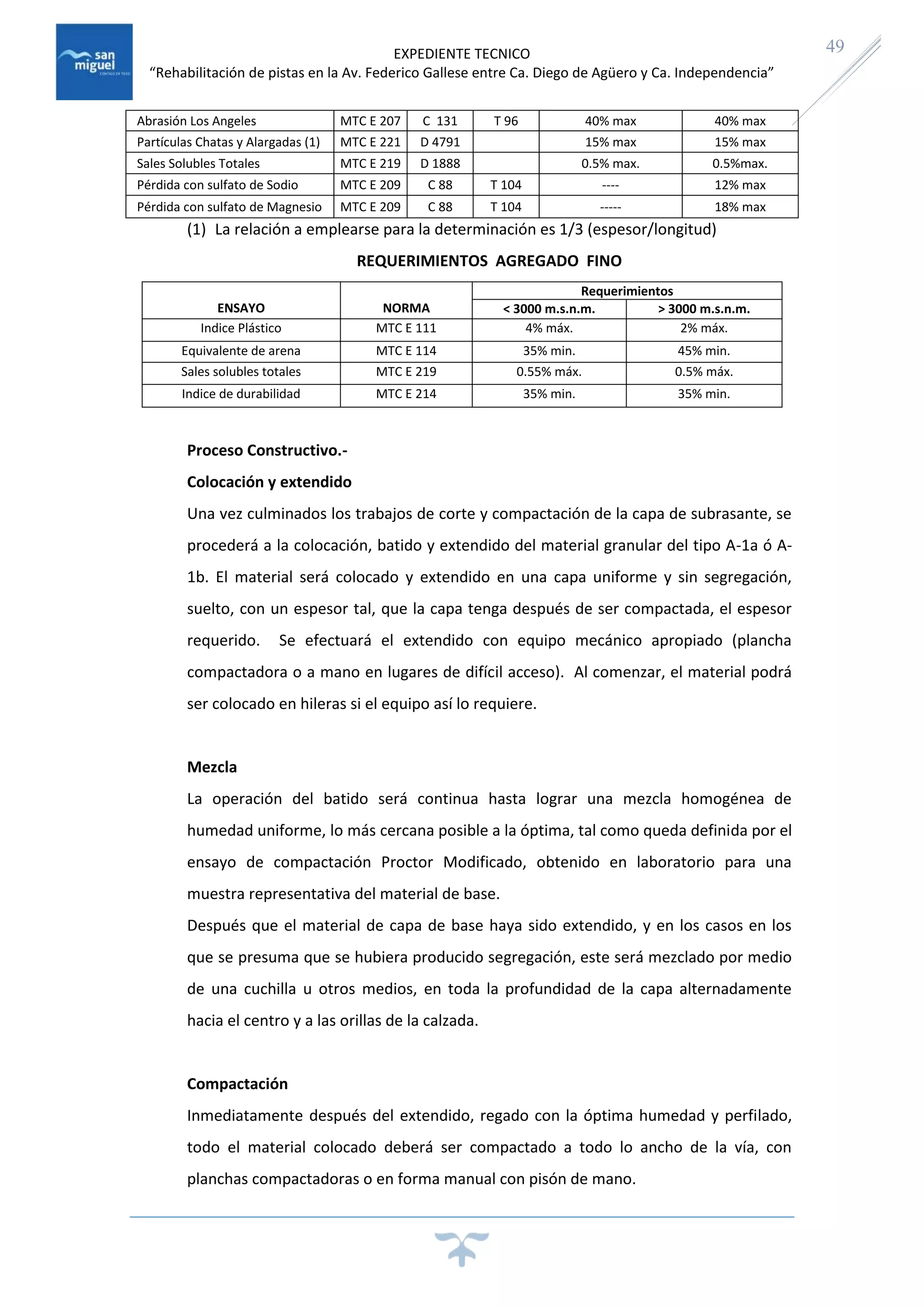 EXPEDIENTE TECNICO
“Rehabilitación de pistas en la Av. Federico Gallese entre Ca. Diego de Agüero y Ca. Independencia”
49
Abrasión Los Angeles MTC E 207 C 131 T 96 40% max 40% max
Partículas Chatas y Alargadas (1) MTC E 221 D 4791 15% max 15% max
Sales Solubles Totales MTC E 219 D 1888 0.5% max. 0.5%max.
Pérdida con sulfato de Sodio MTC E 209 C 88 T 104 ---- 12% max
Pérdida con sulfato de Magnesio MTC E 209 C 88 T 104 ----- 18% max
(1) La relación a emplearse para la determinación es 1/3 (espesor/longitud)
REQUERIMIENTOS AGREGADO FINO
ENSAYO NORMA
Requerimientos
< 3000 m.s.n.m. > 3000 m.s.n.m.
Indice Plástico MTC E 111 4% máx. 2% máx.
Equivalente de arena MTC E 114 35% min. 45% min.
Sales solubles totales MTC E 219 0.55% máx. 0.5% máx.
Indice de durabilidad MTC E 214 35% min. 35% min.
Proceso Constructivo.-
Colocación y extendido
Una vez culminados los trabajos de corte y compactación de la capa de subrasante, se
procederá a la colocación, batido y extendido del material granular del tipo A-1a ó A-
1b. El material será colocado y extendido en una capa uniforme y sin segregación,
suelto, con un espesor tal, que la capa tenga después de ser compactada, el espesor
requerido. Se efectuará el extendido con equipo mecánico apropiado (plancha
compactadora o a mano en lugares de difícil acceso). Al comenzar, el material podrá
ser colocado en hileras si el equipo así lo requiere.
Mezcla
La operación del batido será continua hasta lograr una mezcla homogénea de
humedad uniforme, lo más cercana posible a la óptima, tal como queda definida por el
ensayo de compactación Proctor Modificado, obtenido en laboratorio para una
muestra representativa del material de base.
Después que el material de capa de base haya sido extendido, y en los casos en los
que se presuma que se hubiera producido segregación, este será mezclado por medio
de una cuchilla u otros medios, en toda la profundidad de la capa alternadamente
hacia el centro y a las orillas de la calzada.
Compactación
Inmediatamente después del extendido, regado con la óptima humedad y perfilado,
todo el material colocado deberá ser compactado a todo lo ancho de la vía, con
planchas compactadoras o en forma manual con pisón de mano.
 
