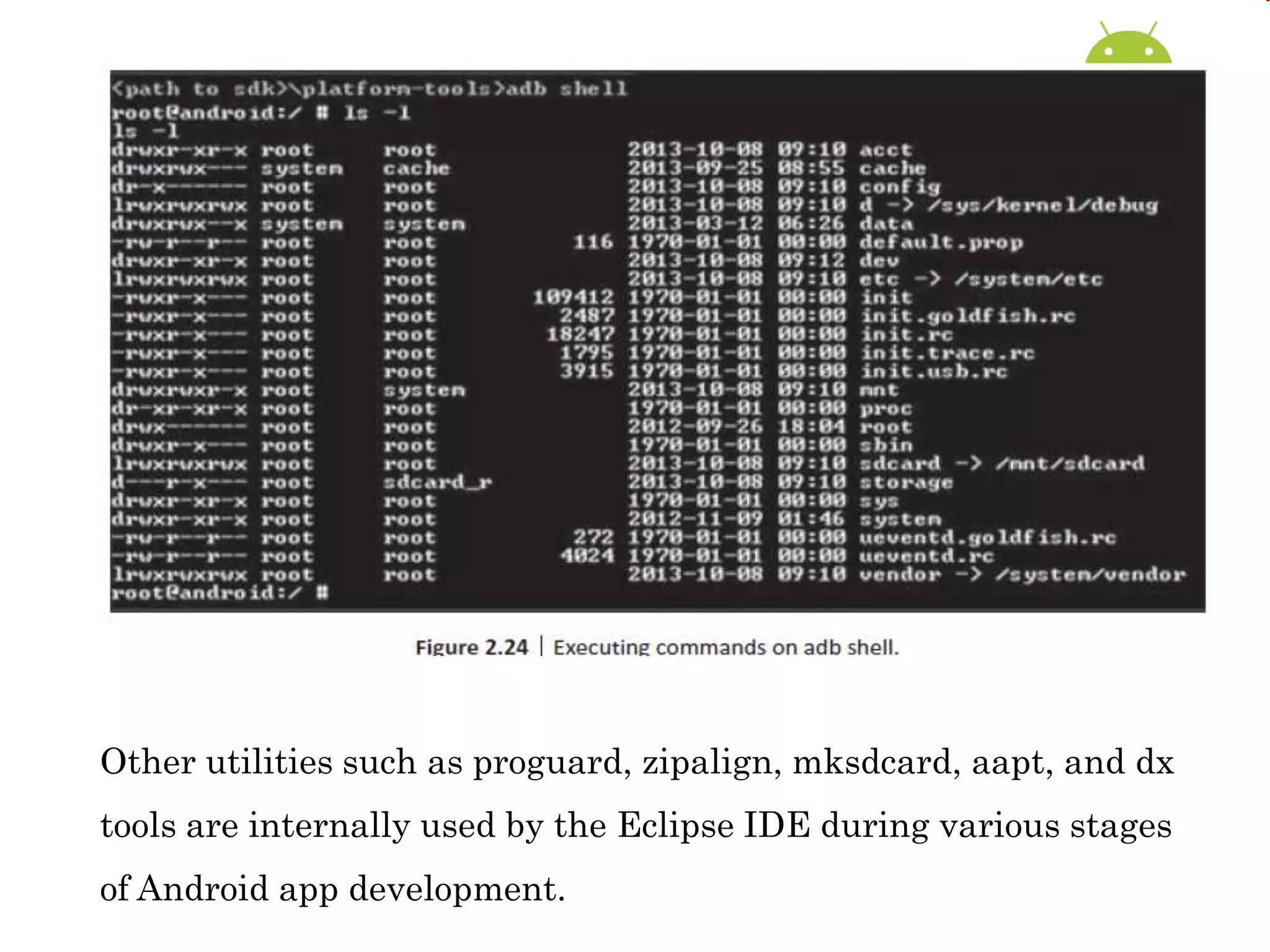 Other utilities such as proguard, zipalign, mksdcard, aapt, and dx
tools are internally used by the Eclipse IDE during various stages
of Android app development.
 