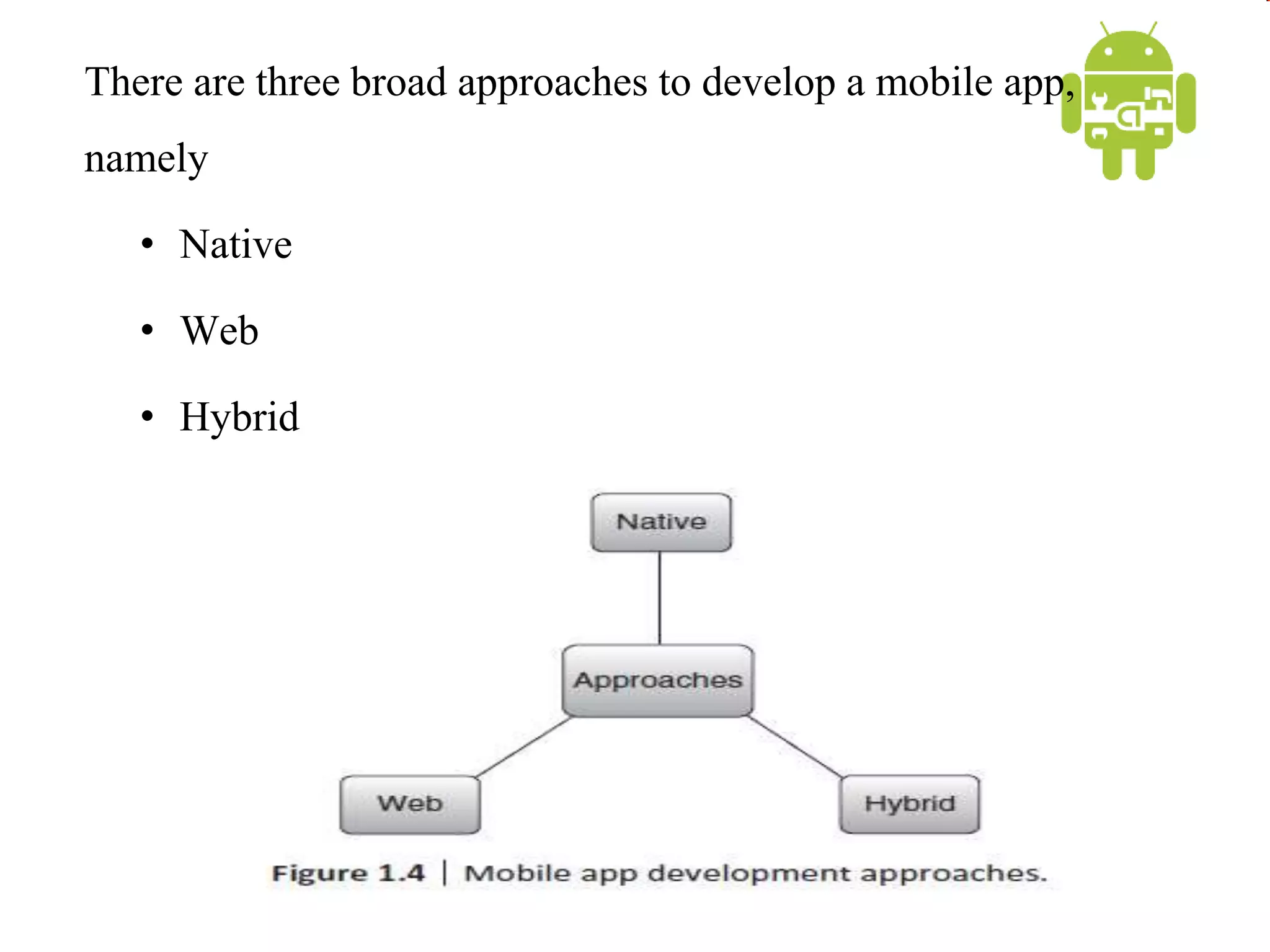 There are three broad approaches to develop a mobile app,
namely
• Native
• Web
• Hybrid
 