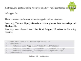 8. strings.xml contains string resources in a key–value pair format as depicted
in Snippet 2.4.
These resources can be used across the app in various situations.
In our app, The text displayed on the screen originates from the strings.xml
file (Line 4).
You may have observed that Line 14 of Snippet 2.2 refers to this string
resource.
 
