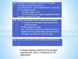 Step:
5
CHECKING FOR BEARING STRENGTH OF THE BOLT
5.1) Note down the value of (b)
5.2) Calculate (Ft) ; use the equation [Ft] = nd2 b [b]
5.3) Compare Ft & (Ft)
For safer design F (Ft)
If Ft> (Ft) select Next higher coupling and repeat
the Step 3 & Step 5 Ft  [Ft]
Step:
6
Draw a neat sketch of the coupling with dimensions.
2. Compare the allowable torque (Mt) with the
actual torque Mt
For safer design Mt  [Mt]
If Mt  [Mt] then increase the width & thickness or
length of the key to Next higher standard values
and repeat from Step 10.1 until Mt  [Mt]
Step:7 Draw a neat sketch of the coupling with dimensions.
If flange coupling satisfies all the strength
requirements, then it is selected for the
application.
 