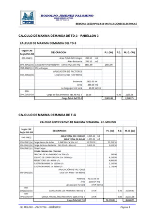 MEMORIA DESCRIPTIVA DE INSTALACIONES ELECTRICAS
I.E. MOLINO – PACHITEA – HUÁNUCO Página 4
CALCULO DE MAXIMA DEMANDA DE TD-3 – PABELLON 3
CALCULO DE MAXIMA DEMANDA DE T-G
 