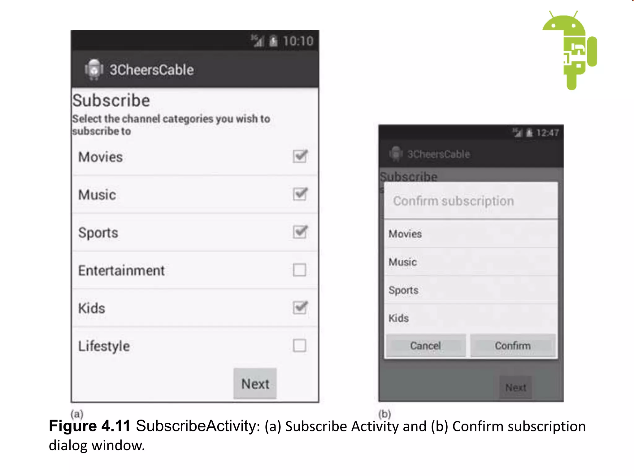Figure 4.11 SubscribeActivity: (a) Subscribe Activity and (b) Confirm subscription
dialog window.
 
