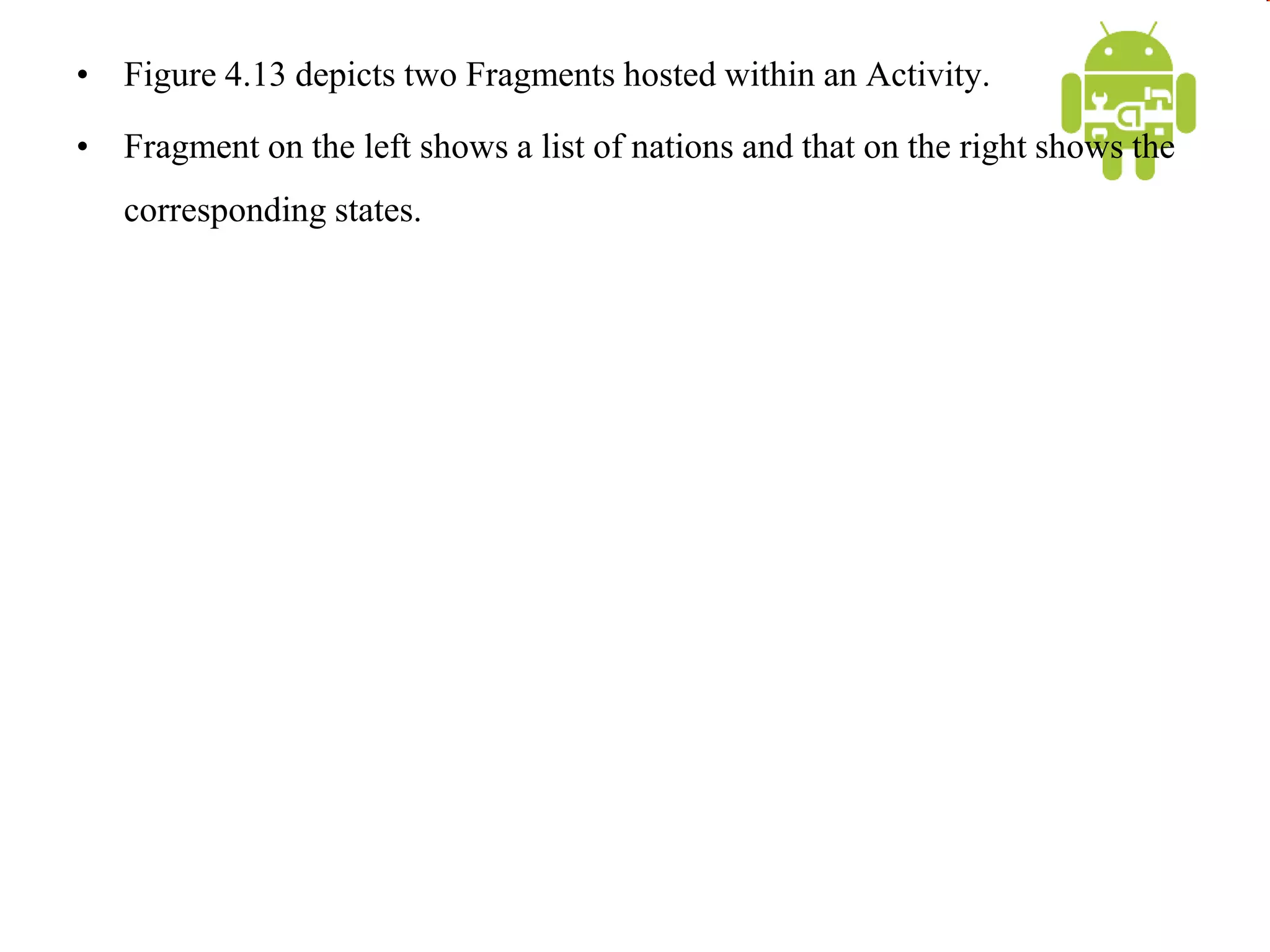 • Figure 4.13 depicts two Fragments hosted within an Activity.
• Fragment on the left shows a list of nations and that on the right shows the
corresponding states.
 