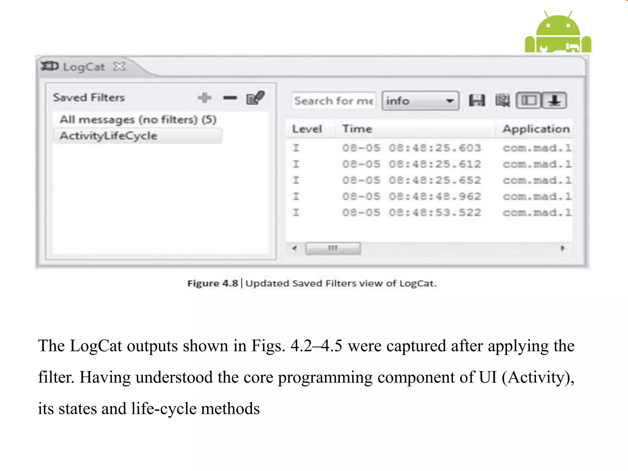 The LogCat outputs shown in Figs. 4.2–4.5 were captured after applying the
filter. Having understood the core programming component of UI (Activity),
its states and life-cycle methods
 
