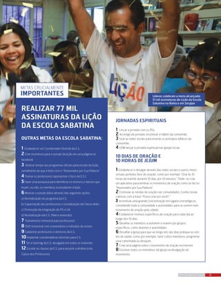 Jornadas espirituais
1 Lincar a jornada com os PGs
2 Ao longo da jornada, incentivar o hábito da comunhão
3 Usar as redes sociais para ensinar os princípios bíblicos da
comunhão
4 EDM lançar a jornada espiritual nas igrejas locais
10 Dias de oração e
10 horas de jejum
1 Estabelecer e divulgar através das redes sociais e outros meios
virtuais períodos fixos de oração, como por exemplo “Orar às 10
horas da manhã, durante 10 dias, por 10 minutos”. Pode-se criar
um aplicativo para lembrar os momentos de oração como se faz no
“Reavivados por Sua Palavra”.
2 Estimular as tendas de oração nas comunidades. Confeccionar
camisas com a frase “Posso orar por você? ”
3 Incentivar uma grande concentração em lugares estratégicos,
convidando toda a comunidade e autoridades para se unirem num
movimento de oração pela cidade.
4Estabelecer motivos específicos de oração para cada dia ao
longo dos 10 dias.
5 Desafiar os membros a visitarem e orarem por grupos
específicos, como doentes e autoridades
6 Desafiar a Igreja para que ao longo dos dez dias pratique as oito
leis de saúde, como por exemplo, fazer cultos matutinos, programar
uma caminhada ou desejum.
7 Criar uma página sobre o movimento de oração na internet.
8 Envolver todos os ministérios da Igreja na divulgação do
movimento.
Líderes celebram a meta alcançada:
51 mil assinaturas de Lição da Escola
Sabatina na Bahia e em Sergipe
15REVISTA MAIS DESTAQUE
1 Estabelecer um Coordenador Distrital da E.S.
2Criar incentivos para o estudo da lição em uma página no
facebook
3 Dedicar tempo aos programas oficiais para estudo da lição,
semelhante ao que é feito com o “Reavivados por Sua Palavra”
4Treinar os professores (apresentar o foco da E.S.)
5Fazer uma pesquisa para identificar os motivos e fatores que
levam, ou não, os membros a estudarem a lição
6Motivar o estudo diário através das seguintes ações:
a) Revitalização do programa da E.S.
b) Capacitação dos professores e revitalização da Classe deles
c) Promoção da integração do PG e UA
d) Revitalização da E.S. (filial e extensão)
7 Treinamento trimestral para professores
8 DVD trimestral com comentários e métodos de ensino
9Cadastrar professores e diretores da E.S.
10Implantar coordenadores distritais para E.S.
11 Ter a hashtag da E.S. divulgada em todos os materiais
12 Escalar as classes da E.S. para assumir a dinâmica da
Classe dos Professores
Realizar 77 mil
assinaturas da lição
da escola sabatina
Outras metas da escola sabatina:
Metas crucialmente
importantes
 