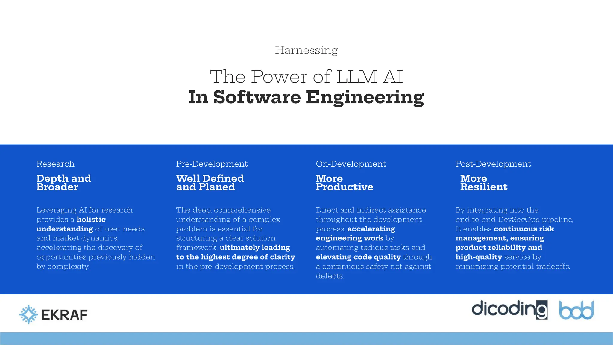 Depth and
Broader
Leveraging AI for research
provides a holistic
understanding of user needs
and market dynamics,
accelerating the discovery of
opportunities previously hidden
by complexity.
The Power of LLM AI
In Software Engineering
Harnessing
Research
Well Deﬁned
and Planed
The deep, comprehensive
understanding of a complex
problem is essential for
structuring a clear solution
framework, ultimately leading
to the highest degree of clarity
in the pre-development process.
Pre-Development
More
Productive
Direct and indirect assistance
throughout the development
process, accelerating
engineering work by
automating tedious tasks and
elevating code quality through
a continuous safety net against
defects.
On-Development
By integrating into the
end-to-end DevSecOps pipeline,
It enables continuous risk
management, ensuring
product reliability and
high-quality service by
minimizing potential tradeoffs.
Post-Development
More
Resilient
 