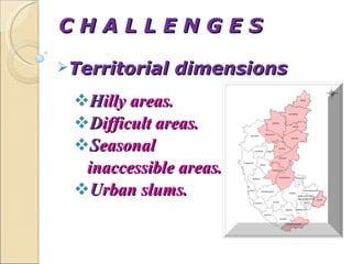 C H A L L E N G E S  Territorial dimensions H illy areas. D ifficult areas. S easonal  inaccessible areas. U rban slums. 