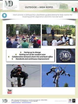 OUTDOOR C HIGH ROPES

   Each activity is followed by a facilitator guided debrief to help realize the
               meaning of the experience and link it to real work




               Facing up to change
         Getting out of the comfort zone
 Collaboration between front-line and back-office
     Standards and continuous improvement




M&D C Management & Development srl, Via Andrea del Castagno, 60 C 000142 ROMA
TEL. +39 065911461 C FAX +39 065910274 C P. IVA 01774851008
info@md-consulenza.it C www.md-consulenza.it
 