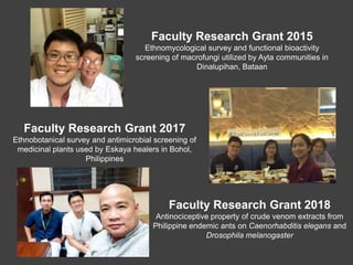 Faculty Research Grant 2015
Ethnomycological survey and functional bioactivity
screening of macrofungi utilized by Ayta communities in
Dinalupihan, Bataan
Faculty Research Grant 2017
Ethnobotanical survey and antimicrobial screening of
medicinal plants used by Eskaya healers in Bohol,
Philippines
Faculty Research Grant 2018
Antinociceptive property of crude venom extracts from
Philippine endemic ants on Caenorhabditis elegans and
Drosophila melanogaster
 