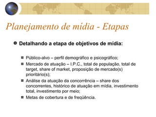 Planejamento de mídia - Etapas Detalhando a etapa de objetivos de mídia: Público-alvo – perfil demográfico e psicográfico; Mercado de atuação – I.P.C., total de população, total de target, share of market, proposição de mercado(s) prioritário(s); Análise da atuação da concorrência – share dos concorrentes, histórico de atuação em mídia, investimento total, investimento por meio; Metas de cobertura e de freqüência. 