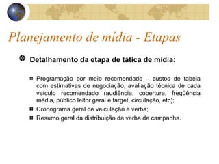 Planejamento de mídia - Etapas Detalhamento da etapa de tática de mídia: Programação por meio recomendado – custos de tabela com estimativas de negociação, avaliação técnica de cada veículo recomendado (audiência, cobertura, freqüência média, público leitor geral e target, circulação, etc); Cronograma geral de veiculação e verba; Resumo geral da distribuição da verba de campanha. 