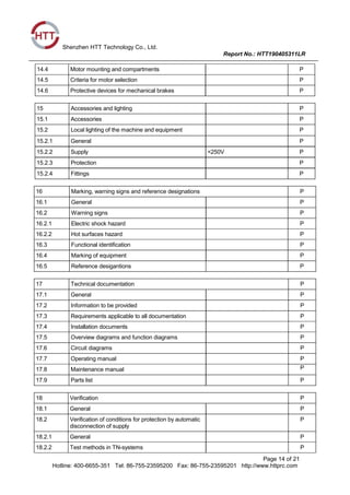 Shenzhen HTT Technology Co., Ltd.
Report No.: HTT190405311LR
Page 14 of 21
Hotline: 400-6655-351 Tel: 86-755-23595200 Fax: 86-755-23595201 http://www.httprc.com
14.4 Motor mounting and compartments P
14.5 Criteria for motor selection P
14.6 Protective devices for mechanical brakes P
15 Accessories and lighting P
15.1 Accessories P
15.2 Local lighting of the machine and equipment P
15.2.1 General P
15.2.2 Supply <250V P
15.2.3 Protection P
15.2.4 Fittings P
16 Marking, warning signs and reference designations P
16.1 General P
16.2 Warning signs P
16.2.1 Electric shock hazard P
16.2.2 Hot surfaces hazard P
16.3 Functional identification P
16.4 Marking of equipment P
16.5 Reference desigantions P
17 Technical documentation P
17.1 General P
17.2 Information to be provided P
17.3 Requirements applicable to all documentation P
17.4 Installation documents P
17.5 Overview diagrams and function diagrams P
17.6 Circuit diagrams P
17.7 Operating manual P
17.8 Maintenance manual P
17.9 Parts list P
18 Verification P
18.1 General P
18.2 Verification of conditions for protection by automatic
disconnection of supply
P
18.2.1 General P
18.2.2 Test methods in TN-systems P
 