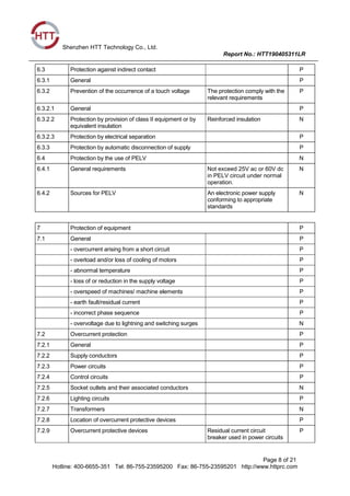 Shenzhen HTT Technology Co., Ltd.
Report No.: HTT190405311LR
Page 8 of 21
Hotline: 400-6655-351 Tel: 86-755-23595200 Fax: 86-755-23595201 http://www.httprc.com
6.3 Protection against indirect contact P
6.3.1 General P
6.3.2 Prevention of the occurrence of a touch voltage The protection comply with the
relevant requirements
P
6.3.2.1 General P
6.3.2.2 Protection by provision of class II equipment or by
equivalent insulation
Reinforced insulation N
6.3.2.3 Protection by electrical separation P
6.3.3 Protection by automatic disconnection of supply P
6.4 Protection by the use of PELV N
6.4.1 General requirements Not exceed 25V ac or 60V dc
in PELV circuit under normal
operation.
N
6.4.2 Sources for PELV An electronic power supply
conforming to appropriate
standards
N
7 Protection of equipment P
7.1 General P
- overcurrent arising from a short circuit P
- overload and/or loss of cooling of motors P
- abnormal temperature P
- loss of or reduction in the supply voltage P
- overspeed of machines/ machine elements P
- earth fault/residual current P
- incorrect phase sequence P
- overvoltage due to lightning and switching surges N
7.2 Overcurrent protection P
7.2.1 General P
7.2.2 Supply conductors P
7.2.3 Power circuits P
7.2.4 Control circuits P
7.2.5 Socket outlets and their associated conductors N
7.2.6 Lighting circuits P
7.2.7 Transformers N
7.2.8 Location of overcurrent protective devices P
7.2.9 Overcurrent protective devices Residual current circuit
breaker used in power circuits
P
 