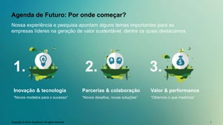Agenda de Futuro: Por onde começar? 
Nossa experiência e pesquisa apontam alguns temas importantes para as 
empresas líderes na geração de valor sustentável, dentre os quais destacamos 
1. 2. 3. 
Inovação & tecnologia 
“Novos modelos para o sucesso” 
Parcerias & colaboração 
“Novos desafios, novas soluções” 
Valor & performance 
“Obtemos o que medimos” 
Copyright © 2014 Accenture. All rights reserved. 8 
 