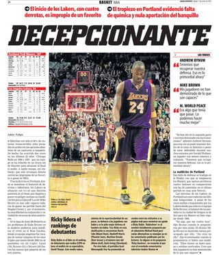 34                                                                                                  BASKET NBA                                                                     MUNDO DEPORTIVO Sábado 7 de enero de 2012



                         El inicio de los Lakers, con cuatro  El tropiezo en Portland evidenció falta
                       derrotas, es impropio de un favorito de química y nula aportación del banquillo



DECEPCIONANTE
Portland Trail Blazers, 107
Jugador    PTS 2P      3P     TL   RT AS MJ     V
                                                                                                                                                                              +                           LAS FRASES

                                                                                                                                                                                   ANDREW BYNUM
Wallace     31 12-17   1-2   4-7    5    38   ‚‚‚
Aldridge    28 11-20         6-7   10    33   ‚‚‚




                                                                                                                                                                             “
                0-2                 5 4 22
                                                                                                                                                                                   Tenemos que
Camby                                           ‚
Felton       8 3-11    0-3   2-2    4 10 41    ‚‚
            16 3-7     3-4   1-1    1 2 29
                                                                                                                                                                                   recuperar nuestra
Matthews                                      ‚‚‚
Thomas       3 1-1           1-2    5    24     ‚
Crawford    17 5-13    1-2   4-5    2 3 23
                                                                                                                                                                                   defensa. Eso es lo
                                               ‚‚
Smith        2 1-2                  5 1 11      ‚
Batum        2 0-4     0-1   2-2    2    19
                                                                                                                                                                                   primordial ahora”
                                                ‚




Totales 107 36-77 5-12 20-26 39 20 240
Entrenador: Nate McMillan                                                                                                                                                          MIKE BROWN


                                                                                                                                                                             “
Los Angeles Lakers, 96
Jugador    PTS   2P    3P     TL   RT AS MJ     V
                                                                                                                                                                                   Mis jugadores no han
Gasol
Barnes
            19
             6
                7-10
                 1-3
                             5-5
                             4-4
                                    7 1 31
                                    7    17
                                              ‚‚‚
                                                ‚
                                                                                                                                                                                   demostrado de lo que
Bynum
Bryant
            21
            30
                9-16
               13-20   0-4
                             3-6
                             4-5
                                   12 1 38
                                    8 3 36
                                              ‚‚‚
                                              ‚‚‚
                                                                                                                                                                                   son capaces”
Fisher       6   2-2         2-2    1 6 22      ‚
World P.         0-4   0-1          3 1 17      ‚
Murphy           0-1                2    27     ‚
                                                                                                                                                                                   M. WORLD PEACE


                                                                                                                                                                             “
Kapono       5 2-3     0-1   1-1    1    10     ‚
Blake
Ebanks
             4 2-4
             5 1-5
                       0-5
                             3-4
                                   24 2 26
                                    4 1 17
                                                ‚
                                                ‚
                                                                                                                                                                                   Era algo que tenía
                                                                                                                                                                                   que pasar. Lo
Totales       96 37-68 0-11 22-27 47 15 240
Entrenador: Mike Brown                                                                                                                                                             podemos hacer
Parciales: 27-31, 25-25, 32-18 y 23-22
Árbitros: Fitzgerald, McCutchen y Tiven                                                                                                                                            mucho mejor”

Julián Felipo                                                                                                                                                                  “Se han ido en la segunda parte
                                                                                                                                                                             y nos han dominado con las transi-
n Marchar con sólo el 50% de vic-                                                                                                                                            ciones”, admitió Andrew Bynum,
torias transcurridas ocho jorna-                                                                                                                                             que esta vez no pudo imponer den-
das no acaba con las opciones abso-                                                                                                                                          tro de la zona su dominio a pesar
lutas de un aspirante a campeón.                                                                                                                                             de estar defendido durante mu-
De hecho, ha ocurrido dos veces                                                                                                                                              chos minutos por Gerald Wallace,
en los últimos 22 años –Chicago                                                                                                                                              un jugador con menor estatura y
Bulls en 1990 y 1997– que un equi-                                                                                                                                           volumen. “Tenemos que recupe-
po se ha rehecho de un inicio así                                                                                                                                            rar nuestra defensa, eso es lo pri-
de discreto para alcanzar al final                                                                                                                                           mordial ahora”.
el anillo. A nadie escapa, sin em-
bargo, que este arranque denota                                                                                                                                              La maldición de Portland
carencias impropias de un favori-                                                                                                                                            Esa falta de defensa se tradujo en
to a ganar la NBA.                                                                                                                                                           la fluidez con que se emplearon
   Tras la derrota en Portland, don-                                                                                                                                         los Blazers, que apenas perdieron
de se mantiene el historial de de-                                                                                                                                           cuatro balones en comparación
rrotas e infortunio, los Lakers se                                                                                                                                           con las 25 cometidas en el último
situaron con 4-4 en una discreta                                                                                                                                             partido en casa ante Denver.
posición en el Oeste que llegaría a                                                                                                                                             Las derrotas de los Lakers en
poner en peligro incluso su clasifi-                                                                                                                                         Portland son una tradición las últi-
cación para el playoff. Los de Mike                 Kobe y, a lo lejos, Gasol,                                                                                               mas temporadas. A pesar de los
                                                    ambos cabizbajos al
Brown no han sido capaces toda-                     término del partido
                                                                                                                                                                             cinco anillos conquistados por los
vía de ganar un partido fuera del                   FOTO: AP                                                                                                                 Lakers desde que está en el equipo
Staples Center y, por el momento,                                                                                                                                            Kobe Bryant, el balance de los par-
no manifiestan la conjunción y va-                                                                                                                                           tidos en la ciudad de Oregon es de
riedad de recursos de años anterio-                                                                                                                                          24-6 para los Blazers en fase regu-
res.
   Ni la baja de Josh McRoberts ni                  Ricky lidera el                         además de la espectacularidad de sus
                                                                                            pases, su defensa a los jugadores con
                                                                                                                                      sondeo entre los visitantes a su
                                                                                                                                      página web para encontrar un apodo
                                                                                                                                                                             lar desde 1996.
                                                                                                                                                                                “Es algo que me vuelve loco”,
los problemas de Kobe Bryant en
la muñeca pudieron para justifi-                    rankings de                             balón y se le pide mejor defensa al
                                                                                            hombre sin balón. Tras Ricky en esta
                                                                                                                                      a Ricky Rubio. 'Rubioshow' es el
                                                                                                                                      nombre inicialmente propuesto por
                                                                                                                                                                             dijo Bryant cuando le pregunta-
                                                                                                                                                                             ron por esta racha. El técnico Mi-
car el revés en el Rose Garden,
donde el equipo angelino fue inca-                  debutantes                              clasificación se encuentran Norris
                                                                                            Cole (Miami Heat), Markieff Morris
                                                                                                                                      el columnista Michael Rand pero
                                                                                                                                      varias alternativas se manejan ya en
                                                                                                                                                                             ke Brown se mostraba menos pre-
                                                                                                                                                                             ocupado por ello. “No creo en
paz de anotar ninguno de los once                                                           (Phoenix Suns), MarShon Brooks            los comentarios publicados por los     ello”, dijo el entrenador cuando le
triples que lanzó (desde 2003 no se                 Ricky Rubio es el líder en el ranking   (New Jersey) y el número úno del          lectores. En alguno se ha propuesto    preguntaron si había una maldi-
quedaban sin un triple). Gasol                      de debutantes que realiza ESPN en       último draft, Kyrie Irving (Cleveland).   'Ricky Business', en recuerdo al que   ción. “Ellos tienen un buen equi-
(19), Bynum (21) y Bryant (30) fue-                 base al análisis de su especialista,       Por otro lado, el periódico local      creó el recordado comentarista         po y estaban motivados. Creo que
ron los únicos que pasaron de los                   David Thorpe. Este medio valora,        Minneapolis Star ha promovido un          televisivo Andrés Montes               mis jugadores no han demostrado
seis puntos.                                                                                                                                                                 de lo que son capaces”
 