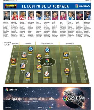 MUNDO DEPORTIVO Martes 17 de enero de 2012
                                                                                                                                                                                                   FUTBOL   27



                                                  EL EQUIPO DE LA JORNADA


Roberto                  Juanfran            Miranda             Amorebieta      Dídac               Trashorras         Sergio          Xavi               Verdú            Alexis              Griezmann
(Zaragoza)               (At. Madrid)        (At. Madrid)        (Ath. Bilbao)   (Espanyol)          (Rayo)             (Barça)         (Barça)            (Espanyol)       (Barça)             (R. Sociedad)
Un baluarte en           En el estreno       Uno de los          No hubo         En un equipo        El medio           Cumplía 100     Golea, manda,      Sigue en         Otro que se         Tras el
el equipo                de Simeone en       mejores             delantero del   con bajas de        rayista brilló     partidos en     dirige y asiste.   estado de        multiplicó para     durísimo 6-1
blanquillo,              casa, el lateral    partidos del        Levante que     peso supo           con luz propia     Primera y       Le contemplan      gracia, pese a   el trabajado        de Copa ante el
pese a que no            se bastó y          central desde       pudiera         estar a la altura   en el triunfo de   Sergio lo       400 partidos       que en Sevilla   triunfo del         Mallorca la
pudo impedir             sobró para          su llegada al       superarle.      y fue decisivo      su equipo en el    celebró por     en Primera. Y      no marcara. Su   Barça ante el       Real debía
el gol del               controlar a los     Calderón. Un        Seguro y        tanto en            feudo del          todo lo alto,   sigue siendo el    veteranía es     Betis. Marcó un     reaccionar y lo
Getafe que               puntas del          puntal en           contundente,    defensa como        Granada. Pieza     con una         metrónomo de       clave en un      gol clave, el del   hizo de la
frustró el               Villarreal, otro    tareas              abrió además    en sus acciones     clave para los     actuación muy   un Barça que       Espanyol muy     3-2, para el        mano de su
triunfo local            en apuros           defensivas          el marcador     de ataque           de Sandoval        completa        no cede            joven            triunfo final       joven crack




 Jornada 18                 PORTERO                        DEFENSAS
                                                            EFENSAS                            CENTROCAMPISTAS                                       DELANTEROS
 15/01/12


                                                                    DÍDAC
                                                                    DÍDAC
                                                                       A
                                                                   ESPANYOL                              VERDÚ
                                                                                                         VERDÚ
                                                                                                           RD
                                                                                                            D
                                                                                                        ESPANYOL

                                                AMOREBIETA
                                                 MOREBIET
                                                    E TA                                                                                        GRIEZMANN
                                                                                                                                                GRIEZMANN
                                                                                                                                                 R
                                                                                                                                                  R.SOCIEDAD
                                                   ATHLETIC                            XAVI
                                                                                       XAVI
                                                                                        AV
                                                                                        A
                                                                                      BARÇA

                        ROBERTO
                        ROBERTO
                         O
                         ZARAGOZA

                                               MIRANDA
                                                  A A
                                                ATLÉTICO                             SERGIO
                                                                                     SERGIO
                                                                                      E
                                                                                      BARÇA
                                                                                                                                                     ALEXIS
                                                                                                                                                     ALEXIS
                                                                                                                                                      L
                                                                                                                                                      BARÇA
                                                             JUANFRAN
                                                              UANFRAN
                                                                  R                                  TRASHORRAS
                                                                                                        SHOR
                                                                                                          ORRA
                                                                                                         RAYO
                                                              ATLÉTICO
 