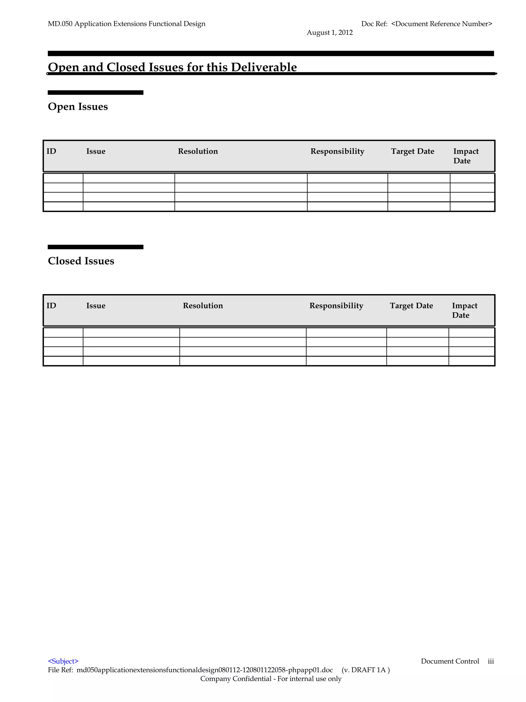 MD.050 Application Extensions Functional Design                                            Doc Ref: <Document Reference Number>
                                                                          August 1, 2012




Open and Closed Issues for this Deliverable


Open Issues



ID         Issue                      Resolution                           Responsibility             Target Date    Impact
                                                                                                                     Date




Closed Issues



ID         Issue                        Resolution                         Responsibility         Target Date        Impact
                                                                                                                     Date




<Subject>                                                                                                    Document Control   iii
File Ref: md050applicationextensionsfunctionaldesign080112-120801122058-phpapp01.doc (v. DRAFT 1A )
                                               Company Confidential - For internal use only
 
