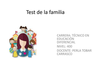 Test de la familia
CARRERA: TÉCNICO EN
EDUCACIÓN
DIFERENCIAL
NIVEL: 400
DOCENTE: PERLA TOBAR
CARRASCO
 