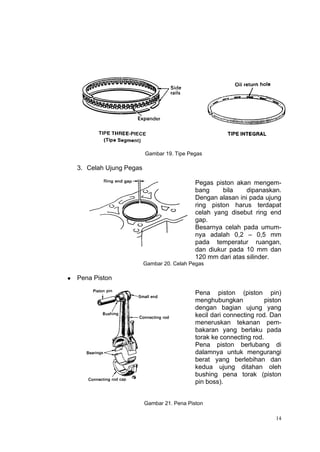 Gambar 19. Tipe Pegas

    3. Celah Ujung Pegas

                                              Pegas piston akan mengem-
                                              bang     bila    dipanaskan.
                                              Dengan alasan ini pada ujung
                                              ring piston harus terdapat
                                              celah yang disebut ring end
                                              gap.
                                              Besarnya celah pada umum-
                                              nya adalah 0,2 – 0,5 mm
                                              pada temperatur ruangan,
                                              dan diukur pada 10 mm dan
                                              120 mm dari atas silinder.
                           Gambar 20. Celah Pegas

   Pena Piston

                                              Pena piston (piston pin)
                                              menghubungkan            piston
                                              dengan bagian ujung yang
                                              kecil dari connecting rod. Dan
                                              meneruskan tekanan pem-
                                              bakaran yang berlaku pada
                                              torak ke connecting rod.
                                              Pena piston berlubang di
                                              dalamnya untuk mengurangi
                                              berat yang berlebihan dan
                                              kedua ujung ditahan oleh
                                              bushing pena torak (piston
                                              pin boss).


                           Gambar 21. Pena Piston

                                                                           14
 