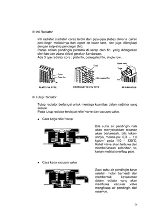  Inti Radiator

    Inti radiator (radiator core) terdiri dari pipa-pipa (tube) dimana cairan
    pen-dingin melaluinya dari upper ke lower tank, dan juga dilengkapi
    dengan sirip-sirip pendingin (fin).
    Panas cairan pendingin pertama di serap oleh fin, yang didinginkan
    oleh fan dan udara akibat gerakan kendaraan.
    Ada 3 tipe radiator core : plate fin, corrugated fin, single row.




 Tutup Radiator

    Tutup radiator berfungsi untuk menjaga kuantitas dalam radiator yang
    sesuai.
    Pada tutup radiator terdapat relief valve dan vacuum valve.

       Cara kerja relief valve

                                              Bila suhu air pendingin naik
                                              akan menyebabkan tekanan
                                              akan bertambah, bila tekan-
                                              annya menca-pai 0,3 – 1,0
                                              kg/cm2 pada 110 – 120°C.
                                              Relief valve akan terbuka dan
                                              membebaskan kelebihan te-
                                              kanan melalui overflow pipe.


       Cara kerja vacuum valve

                                              Saat suhu air pendingin turun
                                              setelah motor berhenti dan
                                              membentuk        kevakuman
                                              dalam radiator yang akan
                                              membuka      vacuum     valve
                                              menghisap air pendingin dari
                                              reservoir.



                                                                           26
 