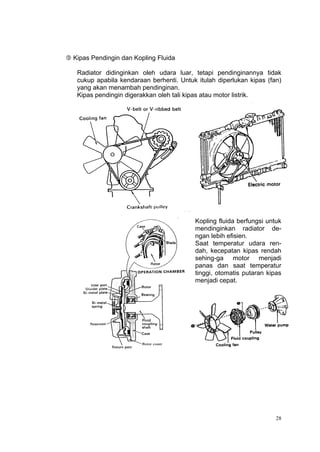  Kipas Pendingin dan Kopling Fluida

   Radiator didinginkan oleh udara luar, tetapi pendinginannya tidak
   cukup apabila kendaraan berhenti. Untuk itulah diperlukan kipas (fan)
   yang akan menambah pendinginan.
   Kipas pendingin digerakkan oleh tali kipas atau motor listrik.




                                          Kopling fluida berfungsi untuk
                                          mendinginkan radiator de-
                                          ngan lebih efisien.
                                          Saat temperatur udara ren-
                                          dah, kecepatan kipas rendah
                                          sehing-ga motor menjadi
                                          panas dan saat temperatur
                                          tinggi, otomatis putaran kipas
                                          menjadi cepat.




                                                                      28
 