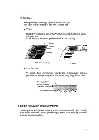  Tali Kipas

     Kipas pendingin umumnya digerakkan oleh tali kipas.
     Tali kipas terbagi menjadi V-belt dan V ribbed belt.

        V Belt

         Disebut V belt karena berbentuk V untuk menambah efisiensi pemin-
         dahan tenaga.
         V belt terdapat 2 macam tipe conventional dan tipe cog.




        V Ribbed Belt

         V ribbed belt mempunyai keuntungan mempunyai efisiensi
         pemindahan tenaga yang besar dan panas yang tinggi, tahan lama.




X. SISTEM PEMASUKAN DAN PEMBUANGAN

  Sistem pemasukan (intake system) terdiri dari saringan udara (air celaner)
  dan intake manifold, sistem pembuangan terdiri dari exhaust manifold,
  exhaust pipe dan muffler.




                                                                          29
 