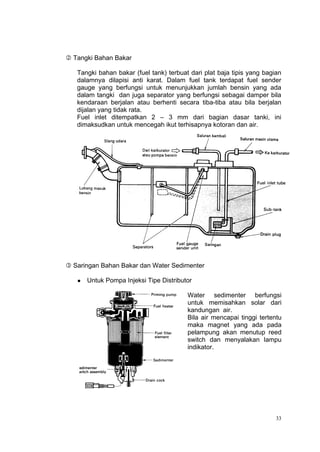  Tangki Bahan Bakar

   Tangki bahan bakar (fuel tank) terbuat dari plat baja tipis yang bagian
   dalamnya dilapisi anti karat. Dalam fuel tank terdapat fuel sender
   gauge yang berfungsi untuk menunjukkan jumlah bensin yang ada
   dalam tangki dan juga separator yang berfungsi sebagai damper bila
   kendaraan berjalan atau berhenti secara tiba-tiba atau bila berjalan
   dijalan yang tidak rata.
   Fuel inlet ditempatkan 2 – 3 mm dari bagian dasar tanki, ini
   dimaksudkan untuk mencegah ikut terhisapnya kotoran dan air.




 Saringan Bahan Bakar dan Water Sedimenter

      Untuk Pompa Injeksi Tipe Distributor

                                         Water sedimenter berfungsi
                                         untuk memisahkan solar dari
                                         kandungan air.
                                         Bila air mencapai tinggi tertentu
                                         maka magnet yang ada pada
                                         pelampung akan menutup reed
                                         switch dan menyalakan lampu
                                         indikator.




                                                                        33
 