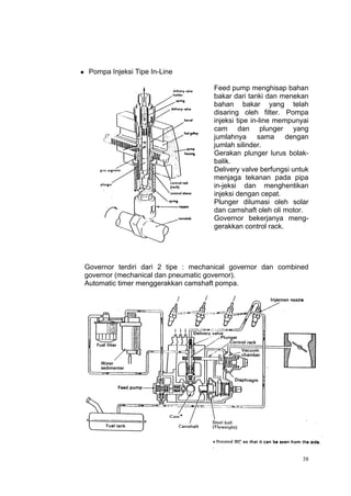     Pompa Injeksi Tipe In-Line

                                        Feed pump menghisap bahan
                                        bakar dari tanki dan menekan
                                        bahan bakar yang telah
                                        disaring oleh filter. Pompa
                                        injeksi tipe in-line mempunyai
                                        cam dan plunger yang
                                        jumlahnya      sama     dengan
                                        jumlah silinder.
                                        Gerakan plunger lurus bolak-
                                        balik.
                                        Delivery valve berfungsi untuk
                                        menjaga tekanan pada pipa
                                        in-jeksi dan menghentikan
                                        injeksi dengan cepat.
                                        Plunger dilumasi oleh solar
                                        dan camshaft oleh oli motor.
                                        Governor bekerjanya meng-
                                        gerakkan control rack.




    Governor terdiri dari 2 tipe : mechanical governor dan combined
    governor (mechanical dan pneumatic governor).
    Automatic timer menggerakkan camshaft pompa.




                                                                    38
 