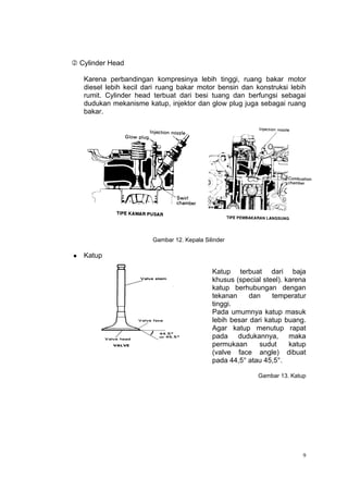  Cylinder Head

    Karena perbandingan kompresinya lebih tinggi, ruang bakar motor
    diesel lebih kecil dari ruang bakar motor bensin dan konstruksi lebih
    rumit. Cylinder head terbuat dari besi tuang dan berfungsi sebagai
    dudukan mekanisme katup, injektor dan glow plug juga sebagai ruang
    bakar.




                         Gambar 12. Kepala Silinder

   Katup

                                              Katup terbuat dari baja
                                              khusus (special steel). karena
                                              katup berhubungan dengan
                                              tekanan     dan    temperatur
                                              tinggi.
                                              Pada umumnya katup masuk
                                              lebih besar dari katup buang.
                                              Agar katup menutup rapat
                                              pada dudukannya, maka
                                              permukaan      sudut     katup
                                              (valve face angle) dibuat
                                              pada 44,5° atau 45,5°.

                                                            Gambar 13. Katup




                                                                           9
 