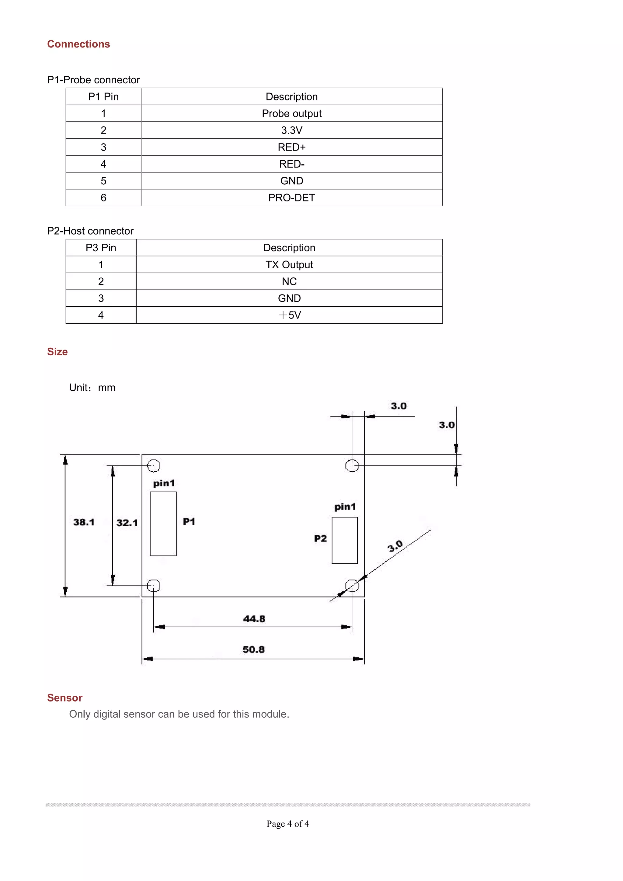 Page 4 of 4
Connections
P1-Probe connector
P1 Pin Description
1 Probe output
2 3.3V
3 RED+
4 RED-
5 GND
6 PRO-DET
P2-Host connector
P3 Pin Description
1 TX Output
2 NC
3 GND
4 ＋5V
Size
Unit：mm
Sensor
Only digital sensor can be used for this module.
 