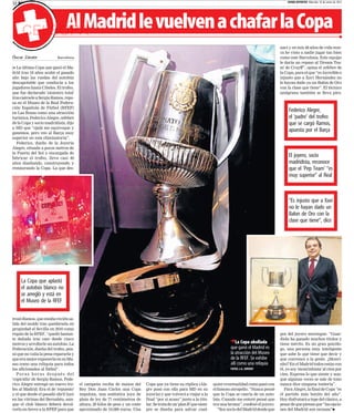 10 BARÇA                                                                                                                                                      MUNDO DEPORTIVO Miércoles 18 de enero de 2012




          Al Madrid le vuelven a chafar la Copa
     CELSOPA
                                                                                                                                                          nací y en mis 48 años de vida nun-
                                                                                                                                                          ca he visto a nadie jugar tan bien
Óscar Zárate             Barcelona                                                                                                                        como este Barcelona. Este equipo
                                                                                                                                                          le daría un repaso al 'Dream Tea-
n La última Copa que ganó el Ma-                                                                                                                          m' de Cruyff”, opina el orfebre de
drid tras 18 años acabó el pasado                                                                                                                         la Copa, para el que “es increíble e
año bajo las ruedas del autobús                                                                                                                           injusto que a Xavi Hernández no
descapotable que conducía a los                                                                                                                           le hayan dado ya un Balón de Oro
jugadores hasta Cibeles. El trofeo,                                                                                                                       con la clase que tiene”. El técnico
que fue declarado 'siniestro total'                                                                                                                       azulgrana también se lleva piro-
tras caérsele a Sergio Ramos, repo-
sa en el Museo de la Real Federa-
ción Española de Fútbol (RFEF)
en Las Rozas como una atracción
                                                                                                                                                               Federico Alegre,
turística. Federico Alegre, orfebre                                                                                                                            el 'padre' del trofeo
de la Copa y socio madridista, dijo                                                                                                                            que se cargó Ramos,
a MD que “ojalá me equivoque y
ganemos, pero veo al Barça muy
                                                                                                                                                               apuesta por el Barça
superior en esta eliminatoria”.
  Federico, dueño de la Joyería
Alegre, situada a pocos metros de
la Puerta del Sol y encargada de
fabricar el trofeo, lleva casi 40
                                                                                                                                                               El joyero, socio
años diseñando, construyendo y                                                                                                                                 madridista, reconoce
restaurando la Copa. La que des-                                                                                                                               que el 'Pep Team' “es
                                                                                                                                                               muy superior” al Real



                                                                                                                                                               “Es injusto que a Xavi
                                                                                                                                                               no le hayan dado un
                                                                                                                                                               Balon de Oro con la
                                                                                                                                                               clase que tiene”, dice




     La Copa que aplastó
     el autobús blanco no
     se arregló y está en
     el Museo de la RFEF

trozó Ramos, que estaba recién sa-
lida del molde tras quedársela en
propiedad el Sevilla en 2010 como
regalo de la RFEF, “quedó bastan-                                                                                                                         pos del joyero merengue. “Guar-
te dañada tras caer desde cinco                                                                                                                           diola ha ganado muchos títulos y
metros y arrollarle un autobús. La                                                                                            nLa Copa abollada           tiene mérito. Es un gran psicólo-
Federación, dueña del trofeo, pen-                                                                                            que ganó el Madrid es       go, una persona muy inteligente
só que no valía la pena repararla y                                                                                           la atracción del Museo      que sabe lo que tiene que decir y
que era mejor exponerla en su Mu-                                                                                             de la RFEF. Se exhibe       que convence a la gente. ¿Mouri-
seo como una reliquia para todos                                                                                              allí como una reliquia      nho? En el Madrid todos están con
los aficionados al fútbol”.                                                                                                   FOTOS: J.A. SIRVENT         él, yo soy 'mourinhista' al cien por
   Pocas horas después del                                                                                                                                cien. Expresa lo que siente y aun-
'copicidio' de Sergio Ramos, Fede-                                                                                                                        que algunas veces se sale de tono
rico Alegre entregó un nuevo tro-     el campeón reciba de manos del        Copa que ya tiene su réplica (Ale-       quier eventualidad como pasó con     nunca dice ninguna tontería”.
feo al Madrid. Era el de 'repuesto'   Rey Don Juan Carlos una Copa          gre posó con ella para MD en su          el famoso atropello. “Nunca pensé       Para Alegre, la final de Copa “es
y el que desde el pasado abril luce   impoluta, una auténtica joya de       joyería) y que volverá a viajar a la     que la Copa se caería de un auto-    el partido más bonito del año”.
en las vitrinas del Bernabéu, aun-    plata de ley de 77 centímetros de     final “por si acaso” junto a la titu-    bús. Cuando me enteré pensé que      Hoy disfrutará a tope del clásico, a
que el club blanco deberá devol-      altura, 20 kilos de peso y un coste   lar. Se trata de un 'plan B' que siem-   era una broma”, confesó el joyero.   pesar de que piensa que “las opcio-
verlo en breve a la RFEF para que     aproximado de 10.000 euros. Una       pre se diseña para salvar cual-             “Soy socio del Madrid desde que   nes del Madrid son escasas”
 