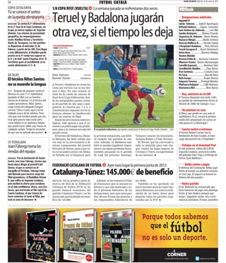 34                                                                                                               FUTBOL CATALÀ                                                                                  MUNDO DEPORTIVO Miércoles 18 de enero de 2012


COPA CATALUNYA                              1/8 COPA RFEF (VUELTA)                                         La semana pasada se enfrentaron dos veces                                                     MDflash

            TeruelyBadalonajugarán
Ya se conoce el sorteo
de la quinta eliminatoria                                                                                                                                                                                      Designaciones arbitrales
      CELSOPA
                                                                                                                                                                                                         III

                                                                                                                                                                                                         Segunda B
BARCELONA- Se sorteó la 5ª eliminatoria                                                                                                                                                                  Lleida- Valencia ......Galech Apezteguía


                                            otravez,sieltiempolesdeja
de la 2ª fase de la Copa Catalunya, en                                                                                                                                                                   Orihuela-Andorra .......Dguez. Cervantes
la que ya entran equipos de Segunda                                                                                                                                                                      Sant Andreu-Sp. Mahonés .......Leo Ollo
División. Con criterios de proximidad                                                                                                                                                                    Gandía-Ontinyent .........Álvarez Pinardo
geográfica, los emparejamientos                                                                                                                                                                          Llagostera-At. Baleares ...Marín Álvarez
serán: Manlleu-Girona y Torreforta -                                                                                                                                                                     Manacor-Olímpic ............Medié Jiménez
Nàstic de Tarragona. Los dos partidos                                                                                                                                                                    Huracán-Mallorca B.........Nicolás Espejo
se disputarán el miércoles 22 de            Teruel-Badalona
                                            Campo: Estadio Pinilla                                 19.30
                                                                                                                                                                                                         L'Hospitalet-Badalona .....Pinto Herrera
febrero, a partir de las 20h. Para llegar   Óscar, Raúl, Negral, Carlos David, Pablo García, Feito,
                                                                                                                                                                                                         Teruel-Zaragoza B ....Bosch Domènech
a esta elilminatoria, el Manlleu quedó      Héctor, Víctor, Ismael, Álex y César.                                                                                                                        Dénia-Reus ..................Moreno Hidalgo
                                            Suplentes: Bodo (p.s.), Souto, Gerardo, Carlos y Aimar.
exento en la 4ª ronda tras superar en                                                                                                                                                                    Tercera División
la 3ª a la Unif. Santa Perpètua (0-6). El   Ricardo , Fabricio, Álex García, Pelegrí, Julián Robles,                                                                                                     Masnou-Pobla M. ....Quintana Carmona
Torreforta ganó al Castelldefels en la      Ceballos, Tarsi, Víctor, Robert, Serramitja y Goikoetxea.
                                            Suplentes: Marcos (p.s.), Vázquez, Pugui, Joaquín,
                                                                                                                                                                                                         Vilanova-'Grama' .Ramos Manzanaque
cuarta eliminatoria (2-1)                   Gallegos.                                                                                                                                                    Cornellà-Espanyol ............Martínez Sáez
                                            Árbitro: Tomás Martín Pérez. Comité Aragonés.                                                                                                                Castelldefels-Manlleu .........Páez Brines
                                                                                                                                                                                                         Prat-Santboià ....................Castaño Coso
UE OLOT                                     Dani Herranz                                    Teruel                                                                                                       Vic-Gavà .............................Barceló Roca
El técnico Nitus Santos                     Ramón Durán                                   Badalona                                                                                                       Rubí-Europa .....................Ávalos Martos
                                                                                                                                                                                                         Amposta-Terrassa .......Pertegal Méndez
no se muerde la lengua                      n Teruel y Badalona se verán las                                                                                                                             Vilafranca-Balaguer .......Calle Martínez
                                            caras por tercera vez en los últi-                                                                                                                           Montañesa-Olot ..................Oliva Bueno
OLOT - Después de empatar contra el         mos 8 días. En esta ocasión se
Masnou en casa (1-1), habiéndose            trata de la vuelta de octavos de                                                                                                                             III
                                                                                                                                                                                                               Hoy, amistoso en el CAR
quedado el Olot con un hombre               final de la Copa Federación, don-                                                                                                                            El Terrassa disputará esta tarde (16h),
menos en el minuto 14, el técnico del       de los escapulados poseen venta-                                                                                                                             un partido de entrenamiento frente al
cuadro gerundense, Nitus Santos,            ja del partido de ida, pues consi-                                                                                                                           Dinamo de Tbilisi de Georgia Ángel
cargó contra lel colegiado Congost          guieron la victoria por 1 a 0, e
Larrosa: “Llevo 4 años aquí y no he         intentarán por segunda vez en su                                                                                                                             III
                                                                                                                                                                                                               Sin puntuar en casa
hablado nunca de los árbitros. Pero         historia obtener la clasificación                                                                                                                            El Olesa, que perdió en casa ante el
creo que este hombre puede que sea          para los cuartos de final.                                                                                                                                   Santfeliuenc (0-2), cerrará la primera
muy apto para la vida social, pero             Según las previsiones meteoro-                                                                                                                            vuelta del campeonato sin sumar un
como árbitro es un auténtico inepto,        lógicas, todo apunta a que el en-                                                                                                                            solo punto en su Municipal
que puede hacer saltar a las masas en       cuentro se podrá jugar sin proble-
cualquier campo. Tengo la sensación         mas, pese a la intensa nevada del                              El escapulado Goikoetxea, que apenas cuenta para el técnico en Liga, tendra minutos   PUNTÍ   III
                                                                                                                                                                                                               Cuesta vuelve a entrenar
de que nos ha quitado dos puntos”           pasado lunes.                                                                                                                                                El técnico Robert Cuesta, tras la
                                               El técnico del Badalona, Mano-                              la próxima temporada, que debe-               Tampoco estarán los lesionados,                 destitución de Dani Casado, se hará
                                            lo Márquez, ha dado cabida una                                 rá cumplir dos partidos de san-               Antonio Robles y César Soriano.                 cargo del juvenil A de L'Hospitalet
CF PERALADA                                 vez más en la convocatoria a di-                               ción. Además, en Badalona tam-                  El Teruel, que ha convocado a
Joan Fàbrega toma las                       versos componentes del juvenil                                 bién se quedan jugadores impor-               toda su plantilla para este cho-                III
                                                                                                                                                                                                               Fichajes en el Juventud Prat
                                            División de Honor, pese a que es-                              tantes con algún problema físico,             que, tendrá las bajas seguras de                El club pratense, colista del G.III de
riendas del equipo                          ta vez no podrá contar con Moha,                               también pensando en el partido                Cristian y Chirri, recuperándose                Segunda Catalana, anunció la vuelta
                                            ya fichado por el Espanyol para                                de Liga del próximo domingo.                  de sus lesiones                                 del goleador Dani Trigo y el fichaje de
PERALADA- Tras la destitución de Nacho                                                                                                                                                                   Fermo (Sant Ildefons)
Castro, será Joan Fàbrega, técnico que
hasta ahora dirigía al juvenil B del        FEDERACIÓ CATALANA DE FUTBOL                                                  Ayer tuvo lugar la primera junta de 2012                                       III III
                                                                                                                                                                                                                   Belda vuelve a jugar
Girona, el que se sentará en el                                                                                                                                                                          El defensa del Cerdanyola, Belda, jugó
banquillo al Peralada. Fàbrega había
sido llamado para hacerse cargo del
filial gerundense, el Riudellots-Girona
                                            Catalunya-Túnez: 145.000 de beneficio                                                                                                                        frente al Guíxols sus primeros minutos
                                                                                                                                                                                                         en esta Liga. El zaguero se lesionó en
                                                                                                                                                                                                         febrero del año pasado
B, que milita en Segunda Catalana,          BARCELONA- En la primera junta di-                               Además, se ha expuesto el Plan              los clubs.
pero declinó la oferta para enrolarse       rectiva de 2012 de la Federació                                de Formación que se iniciará en                 También se ha aprobado un                     III
                                                                                                                                                                                                               Habrá partido
en el club verdiblanco. Ahora, será Ciro    Catalana de Futbol (FCF) se ha                                 febrero y que está destinado a to-            nuevo formato para la Copa Cata-                El Sp. Mahonés ha comunicado que
García, que entrenaba al Vila-roja B de     pasado balance económico del                                   do el personal federativo de las              lunya femenina, así como la utili-              tiene intención de jugar este domingo
Cuarta Catalana, el que tratará de          partido Catalunya-Túnez y se ha                                delegaciones, para que estos pue-             zación de un balón único para                   frente al Sant Andreu siempre que
hacer remontar el vuelo al filial, que      anunciado que ha dejado un bene-                               dan ofrecer formación gratuita a              disputar todos los partidos orga-               tenga 7 jugadores sénior, tal y como
está en zona de descenso                    ficio de 145.000 .                                             los responsables federativos de               nizados por la FCF                              marca la normativa. El resto, juveniles
 
