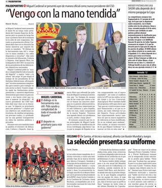 40 POLIDEPORTIVO                                                                                                                                                                                    MUNDO DEPORTIVO Miércoles 18 de enero de 2012


POLIDEPORTIVO                    Miguel Cardenal se presentó ayer de manera oficial como nuevo presidente del CSD                                                                              HOCKEY PATINES/OK LIGA


“Vengo con la mano tendida”
                                                                                                                                                                                               SHUM sólo depende de sí
                                                                                                                                                                                               mismo parajugar la Copa
 CELSOPA                                                                                                                                                                                       Las competiciones europeas han
                                                                                                                                                                                               fragmentado la 12ª jornada de la OK
                                                                                                                                                                                               Liga, de la que ayer se disputaron
Manel Bruña                         Madrid                                                                                                                                                     cuatro encuentros. Con el duelo
                                                                                                                                                                                               estelar entre los dos primeros, Barça y
n Miguel Cardenal tomó posesión                                                                                                                                                                Liceo, cerrando jornada el 30 de enero,
el lunes de su cargo como presi-                                                                                                                                                               el interés ayer estribaba en saber
dente del Consejo Superior de De-                                                                                                                                                              quiénes podrían alcanzar
portes pero su puesta de largo fue                                                                                                                                                             matemáticamente la clasificación para
ayer a primera hora de la mañana                                                                                                                                                               la Copa del Rey. Al Moritz Vendrell le
en la sede de este organismo. Du-                                                                                                                                                              bastaba con ganar a un debilitado
rante su presentación oficial, Car-                                                                                                                                                            Roncato Vic pero los de Carlos Figueroa
denal dejó claro en su discurso las                                                                                                                                                            arrancaron un empate (2-2) que les
líneas maestras que seguirá du-                                                                                                                                                                descarta para la Copa pero les aleja de
rante su mandato. “El diálogo es                                                                                                                                                               los puestos de peligro. El SHUM obtuvo
la herramienta más útil y vengo                                                                                                                                                                una valiosa victoria en su cancha ante
con la mano tendida y los oídos                                                                                                                                                                el Igualada (3-2) y ahora depende de sí
dispuestos a escuchar”, dijo ante                                                                                                                                                              mismo para entrar en el torneo
el ministro de Educación, Cultura                                                                                                                                                              copero. El Noia Freixenet no falló en su
y Deporte, José Ignacio Wert, los                                                                                                                                                              pista ante el Sather Blanes, al que
trabajadores del CSD y la mayoría                                                                                                                                                              derrotó con un claro 5-2, mientras el
de los presidentes de las federacio-                                                                                                                                                           Voltregá hundió un poco más al colista
nes deportivas nacionales.                                                                                                                                                                     Alcoy con una ajustada victoria (2-1)
   Miguel Cardenal pidió la “ayu-
da y complicidad de todo el mundo                                                                                                                                                                            Jornada 12
del deporte” y espera “estar a la
altura” del cargo. Sí que elogió el                                                                                                                                                             Noia Freixenet - Sather Blanes         5-2
trabajo de los presidentes de las                                                                                                                                                               CP Voltregà - Enrile PAS Alcoy         2-1
distintas federaciones afirmando                                                                                                                                                                Moritz Vendrell - Roncato P. Vic       2-2
que “en estos momentos complica-                                                                                                                                                                SHUM Grupo Maestre - Igualada HC 3 - 2
dos para nuestro país trabajar en                                                                                                                                                               Tecnol Reus D. - Monjos           27 enero
este sector es fácil. Vuestro empe-             El nuevo Presidente del CSD, Miguel Cardenal, el lunes jurando el cargo, del que espera “estar a la altura”, dijo ayer             FOTO: EFE    Coinasa Liceo - FCBarcelona       30 enero
ño suple las limitaciones presu-                                                                                                                                                                C.P Calafell Tot l'any - Vilanova 27 enero
puestarias y nuestros deportistas                 +                          LAS FRASES           nacio Wert que refrendó las pala-                 vea comprometida con el marco               CLASIFICACIÓN
demuestran que somos un país sol-                                                                 bras de Miguel Cardenal al senten-                regulador”, así como el conflicto                             PT   PJ    G   E   P   GF   GC
vente y nos hacen creer que va-                         MIGUEL CARDENAL                           ciar que “en tiempos de escasez                   entre la LFP con las radios, la Ley         FCBarcelona       31   11   10   1   0   48   23




                                                “
                                                                                                                                                                                                Coinasa Liceo     24   11    7   3   1   54   39
mos a superar la situación”. El
nuevo presidente del CSD tam-
                                                        El diálogo es la                          una de las cosas que vamos a ha-
                                                                                                  cer es buscar las mayores siner-
                                                                                                                                                    del Juego y la Ley Concursal.
                                                                                                                                                    Juan Ignacio Wert también habló             Noia Freixenet    24   12    7   3   2   39   30
bién dejó muy claro en su discur-                       herramienta más                           gias en la gestión administrativa.                del programa ADO para decir que             Moritz Vendrell   18   12    5   3   4   43   39
so que “el deporte es prioritario                       útil. Pido ayuda y                        El Deporte es muy importante pa-                  “hay que ser creativos para conse-          Igualada HC       18   12    5   3   4   35   32
para este gobierno” y explicó que
sus objetivos son modernizar es-
                                                        complicidad de                            ra este Gobierno y para España,
                                                                                                  cada vez más, como componente
                                                                                                                                                    guir financiación y no que se re-
                                                                                                                                                    sienta, así como reformar la Ley
                                                                                                                                                                                                Sather Blanes
                                                                                                                                                                                                Tecnol Reus D.
                                                                                                                                                                                                                  18
                                                                                                                                                                                                                  17
                                                                                                                                                                                                                       12
                                                                                                                                                                                                                       11
                                                                                                                                                                                                                             5
                                                                                                                                                                                                                             5
                                                                                                                                                                                                                                 3
                                                                                                                                                                                                                                 2
                                                                                                                                                                                                                                     4
                                                                                                                                                                                                                                     4
                                                                                                                                                                                                                                         36
                                                                                                                                                                                                                                         42
                                                                                                                                                                                                                                              37
                                                                                                                                                                                                                                              35
tructuras, de cambiar programas,                        todo el mundo del                         de la marca 'España'. Tenemos                     del Deporte. Pocas actividades              SHUM G. Maes      16   12    5   1   6   50   50
sin precisar cuales, y a profundi-                      deporte”                                  una agenda densa con problemas                    han experimentado tantos cam-               CP Vilanova       15   11    4   3   4   41   42
zar en una gestión transparente                                                                   a corto, medio y largo plazo”.                    bios sin que su marco legislativo           Roncato Vic       12   12    3   3   6   36   43




                                                “
en todos los ámbitos públicos y                                                                      El ministro anunció que los re-                de referencia se haya modificado.           CP Voltregà       11   12    3   2   7   35   43
privados.                                               El deporte es                             tos principales de Miguel Carde-                  No es un trabajo para mañana”.              C.P Calafell       8   11    2   2   7   36   50
   Durante este acto también tomó                       prioritario para este                     nal es resolver la modificación de                Para acabar, se mostró convenci-            Monjos             7   11    1   4   6   40   54
la palabra el ministro de Educa-
ción, Cultura y Deporte, Juan Ig-
                                                        gobierno”                                 la Ley Antidopaje, algo básico “pa-
                                                                                                  ra que la imagen de España no se
                                                                                                                                                    do de que Miguel Cardenal “va a
                                                                                                                                                    marcar un hito en esta casa”
                                                                                                                                                                                                Enrile Alcoy       7   12    2   1   9   33   51




                                                                                                  CICLISMO              De Santos, el técnico nacional, afronta con ilusión Mundial y Juegos

                                                                                                  La selección presenta su uniforme
                                                                                                  Santi Durán                                          Ciclistas de las distintas modali-      gue”. Tiene un 'cinco' en la cabeza
                                                                                                                                                    dades (ruta, pista, trial, ciclocross      (Samuel, Freire, Contador, Valver-
                                                                                                  n Las selecciones españolas de ci-                y ciclismo adaptado) ejercieron de         de y 'Purito' Rodríguez) aunque
                                                                                                  clismo volverán a vestir esta tem-                modelos de un uniforme en el que           con la temporada recién estrena-
                                                                                                  porada ropa de la marca Inverse                   predominan el rojo y el negro.             da es pronto para hablar. Tiene
                                                                                                  que fabrica Cirosport, fundada a                     De Santos tendrá doble trabajo          claro que “la plaza hay que ganar-
                                                                                                  principio de los sesenta por el inol-             pues a la cita anual del Mundial           la pero si no pasa nada entre estos
                                                                                                  vidable Joaquim Sabaté y cuyas                    –este año será en Valkenburg y el          cinco más 'Luisle', Ventoso, Rojas
                                                                                                  riendas llevan ahora sus hijos Joa-               Cauberg, subida símbolo de la              y alguno más deberá estar la cri-
                                                                                                  quim y Joan. La presentación tu-                  Amstel Gold Race, será decisivo–           ba”. Destacó que Freire está espe-
                                                                                                  vo lugar anoche en el Museu Olím-                 se añade este año la prueba olímpi-        cialmente motivado y comentó
                                                                                                  pic con la presencia del presidente               ca, en la que España competirá             que “hablé con él el otro día y me
                                                                                                  de la RFEC Juan Carlos Castaño y                  con un equipo de cinco, el tope            dijo que estaba muy ilusionado
                                                                                                  de la Catalana de Ciclismo, Josep                 permitido. De la carrera de los Jue-       con el Katusha, su nuevo equipo.
                                                                                                  Buchaca, acompañados por el se-                   gos, dijo el técnico que su perfil es      A nivel anímico está eufórico y
                                                                                                  leccionador nacional de ruta José                 llano “aunque no tanto como el             con muchas ganas de cerrar su
Ciclistas de las distintas modalidades posan con el uniforme para 2012      FOTO: EDUARD OMEDES   Luis de Santos.                                   del último Mundial de Copenha-             carrera deportiva a lo grande”
 