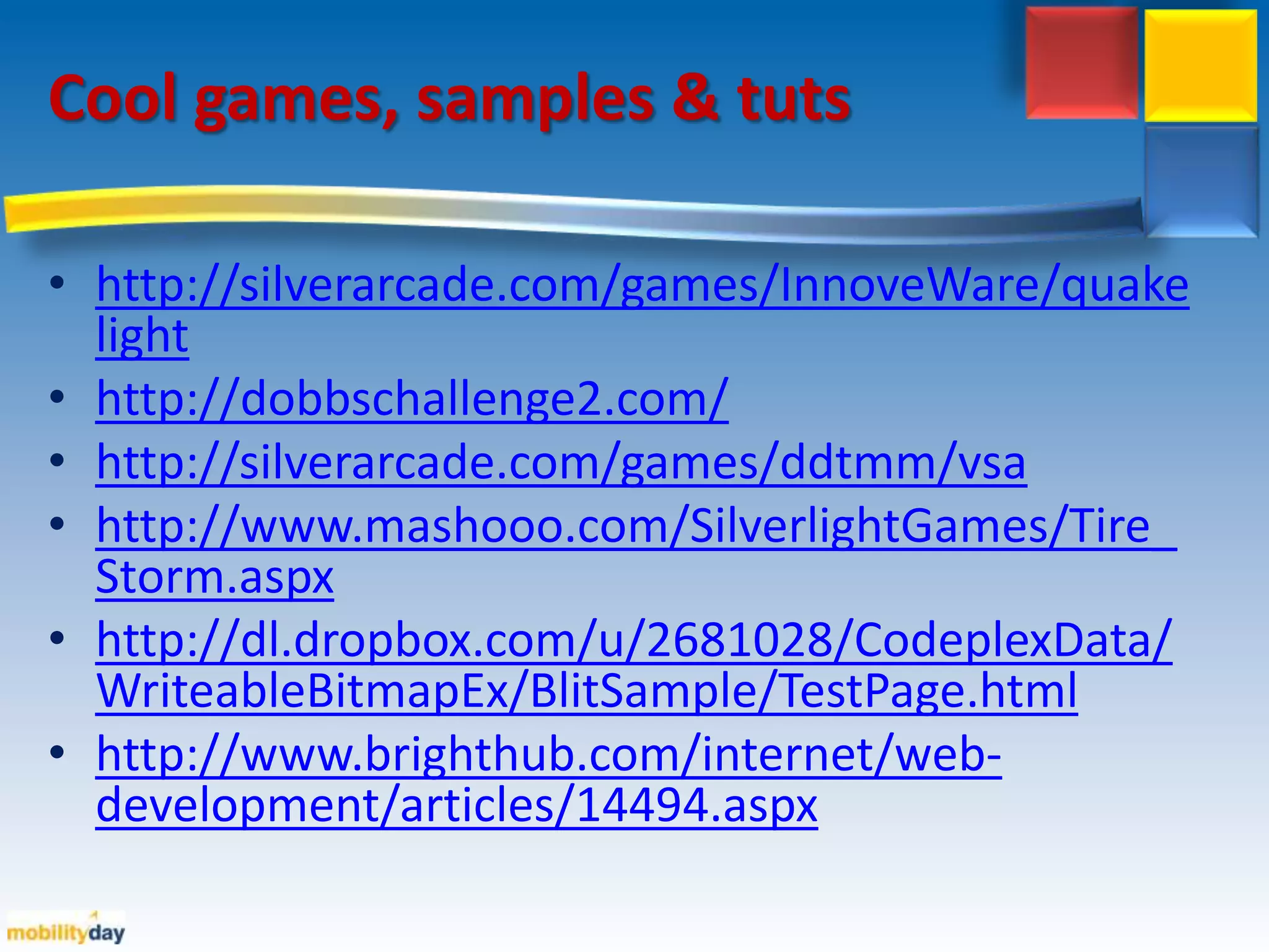 Performance Statistics Set EnableFrameRateCounter = trueA – Render Thread FramerateB – UI Thread FramerateC – Amount of Video Memory UsedD – Total # of Textures UsedE – Total # of Intermediate Textures UsedSet EnableCacheVisualization = true