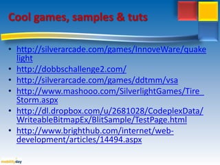Performance Statistics Set EnableFrameRateCounter = trueA – Render Thread FramerateB – UI Thread FramerateC – Amount of Video Memory UsedD – Total # of Textures UsedE – Total # of Intermediate Textures UsedSet EnableCacheVisualization = true